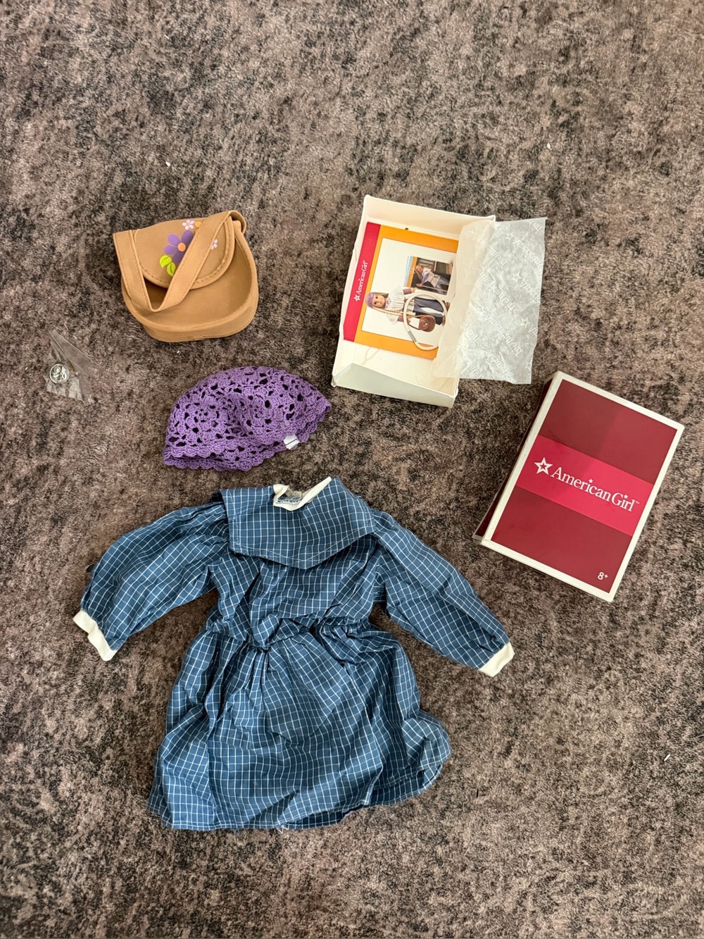 American Girl Blue Plaid Dress with Purple Crochet Hat and Tan Floral Purse